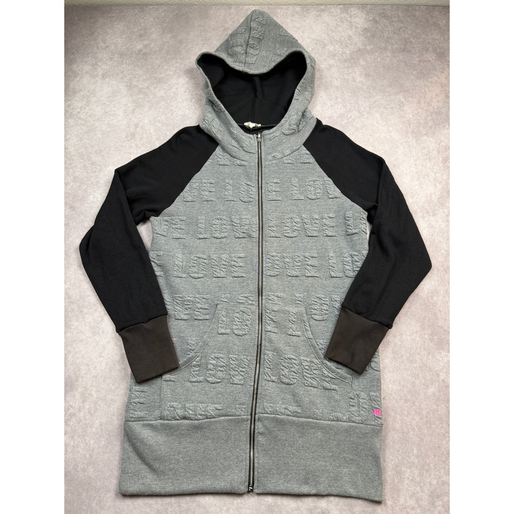 Pink Lotus Women S Gray Love Embossed Full Zip Longline Hoodie Sweatshirt